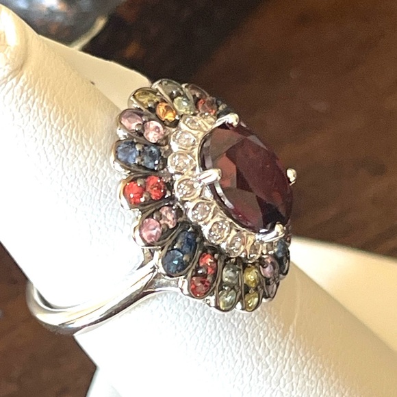 Cocktail Ring Faceted Red Quartz Multi Gemstone Flower Ring Signed FP Sz 6 VTG - Picture 8 of 14